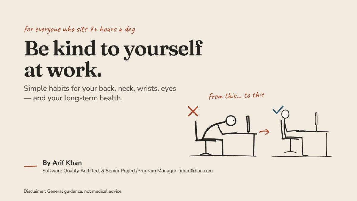 Cover slide: Be kind to yourself at work — from a slumped posture to a neutral one